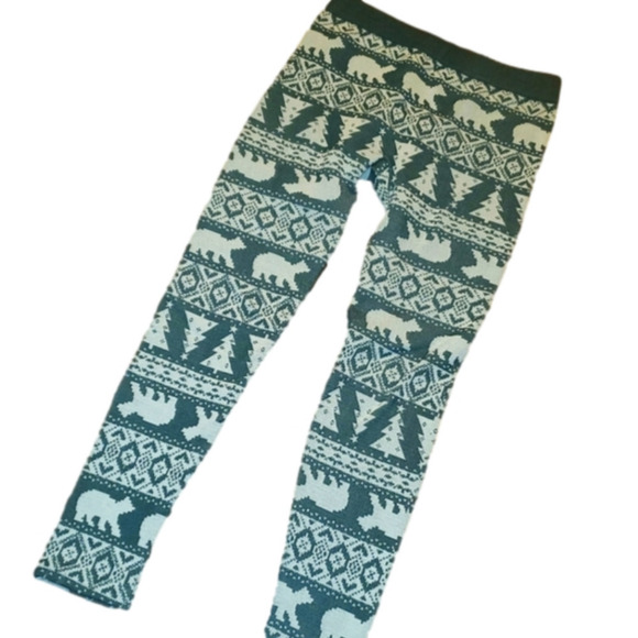 CHRISTMAS fleece leggings green cream Large - Picture 1 of 12